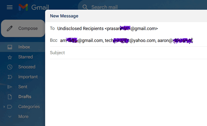 Gmail example showing how to use the BCC field to send emails to multiple recipients privately