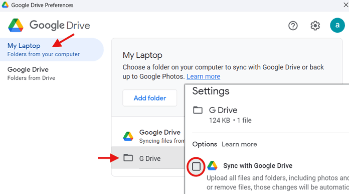 Uncheck folder to stop syncing in Google Drive