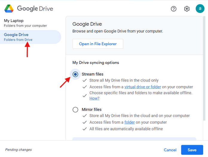 Select Stream Files in Google Drive settings