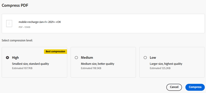 Choose high, medium, or low compression level in Adobe PDF Compressor