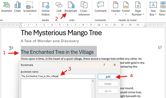 Add bookmark in Word for TOC