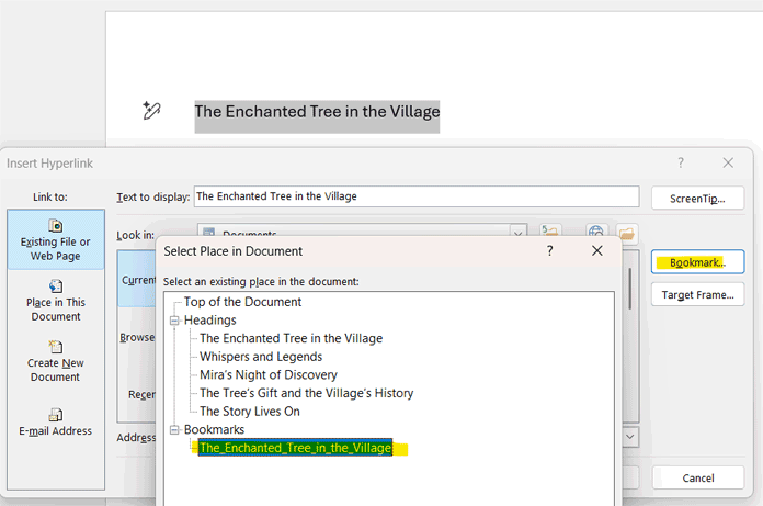 Insert hyperlink using bookmark in Word