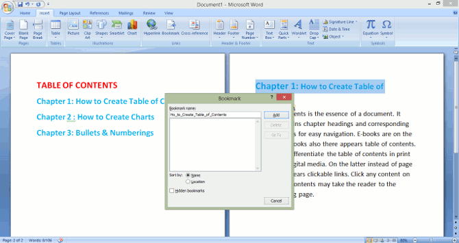 ms word create table of contents vs bookmark vs hyperlink