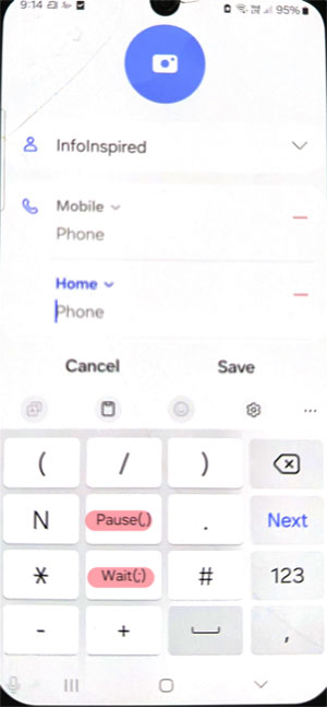 Android phone number edit screen with Pause (,) and Wait (;) buttons for extensions