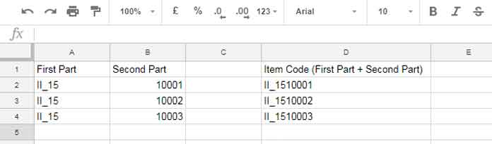 Google Sheets formula to generate bulk item codes by joining text and numbers