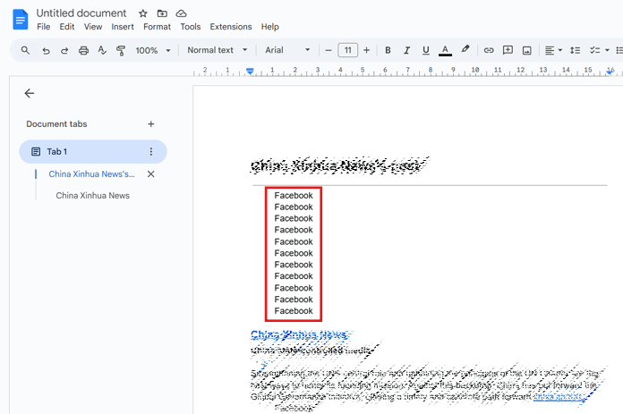 Delete repetitive Facebook text after pasting post into Google Docs