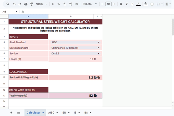 Google Sheets structural steel weight calculator template showing steel section selection and total weight calculation