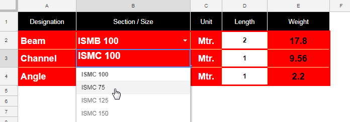 Screenshot (GIF) of a Structural Steel Unit Calculator created with Google Sheets