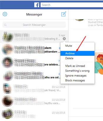Archive to hide chat history with specific people on FB