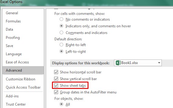 show sheet tabs in excel