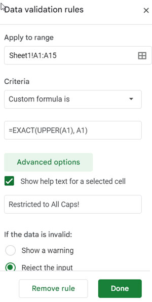 Data Validation Rule to Force Text Entry to All Caps
