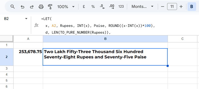 Example of number-to-words conversion in Google Sheets using the Indian system with lakh and crore formatting