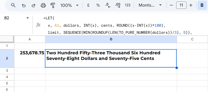 Example of number-to-words conversion in Google Sheets using the US/International system with million and billion formatting