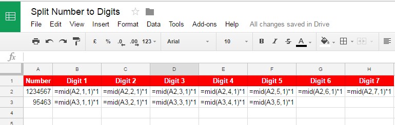Split number into digits in a spreadsheet.