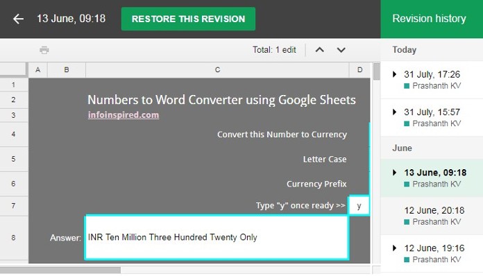  Instructions for reverting to a previous version of a Google Spreadsheet file