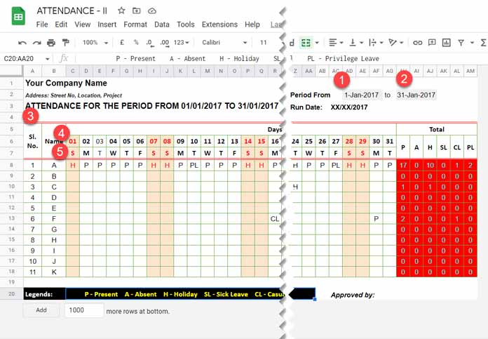 attendance sheet in excel with formula