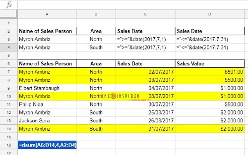 Date Difference as Criteria in DSUM in Google Sheets