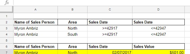 Example of DSUM formula with multiple dates and text conditions in Google Sheets
