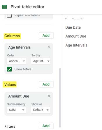 pivot table settings for age analysis - adding fields under Columns and Values