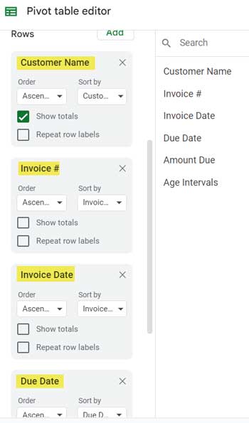 pivot table settings for age analysis - adding fields under Rows