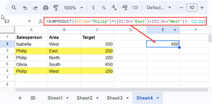 Complex Conditional SUM using SUMPRODUCT in Google Sheets