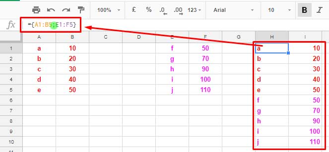 Creating a 2D array with Curly Brackets in Google Sheets (Vertical Data Combination)