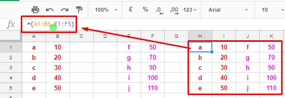 Creating a 2D array with Curly Brackets in Google Sheets (Horizontal Data Combination)