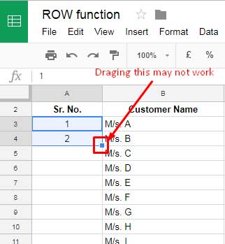 Serial numbering generated using the fill handle in Google Sheets