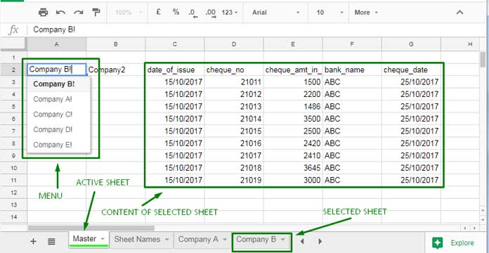 drop-down menu with sheet names to view content of other sheets
