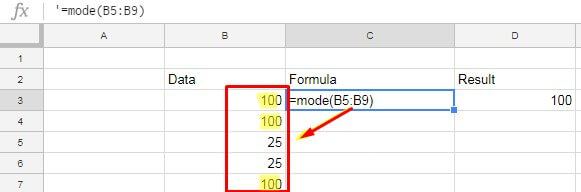 how to use Google Sheets Mode function with number - example