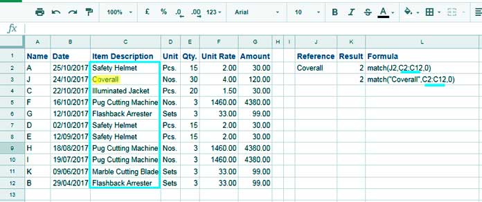 Match Function Example with Text String as Search Key