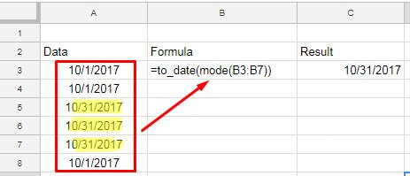 MODE function applied to a date range in Google Sheets