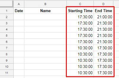 Sample data for Payroll hours time calculation