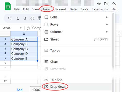 Quickly insert a dropdown menu in Google Sheets