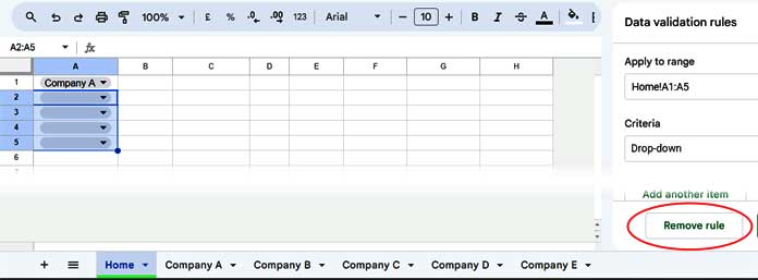 Removing multiple dropdowns quickly in Google Sheets