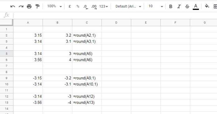 Example to the ROUND function use in Google Sheets