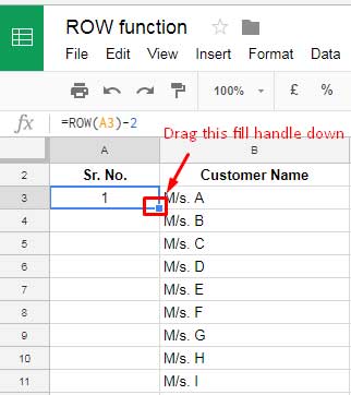 Using the ROW function in Google Sheets