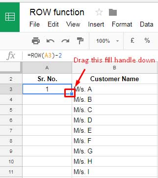 row function use in Google Sheets