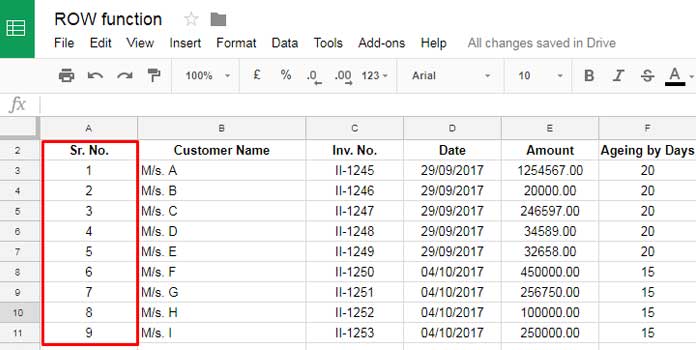 Standard format table with a serial number column in Google Sheets