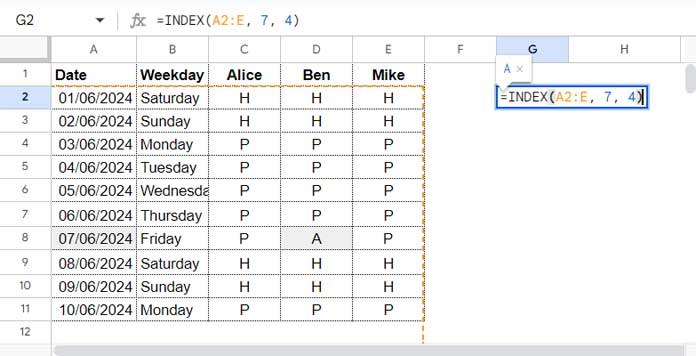 Extracting a single value with the INDEX function in Google Sheets