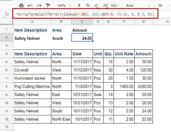 VLOOKUP with Multiple Criteria in Google Sheets using Array