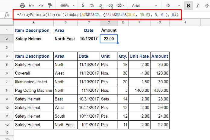 Google Sheets VLOOKUP function with multiple criteria Usage