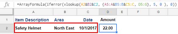 VLOOKUP with three criteria in Google Sheets