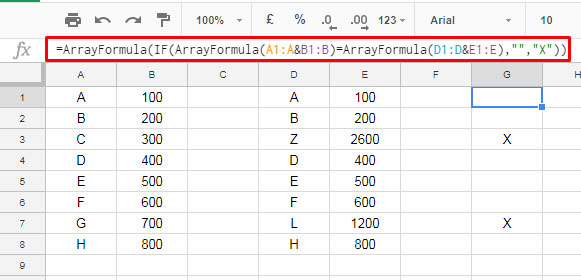 Compare Two Tables Side by Side in Google Sheets