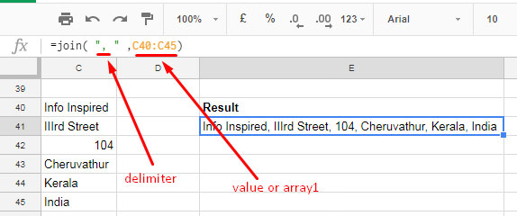 JOIN formula example 1 - Google Sheets