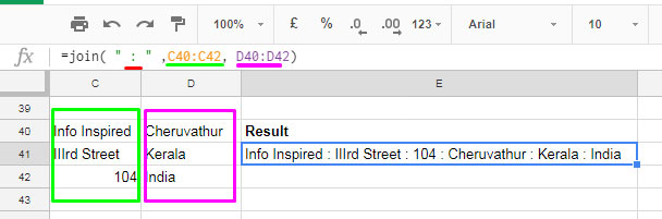 JOIN formula example 2 - Google Sheets