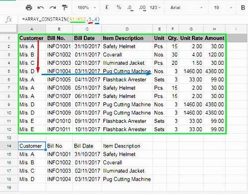 An image showcasing the ARRAY_CONSTRAIN function syntax in Google Sheets.