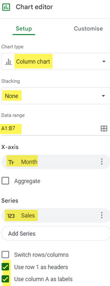 Setup Tab Settings in the Chart Editor Panel for Creating a Column Chart