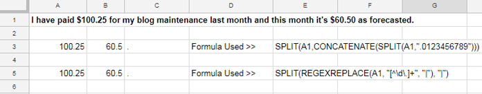 Regexreplace and split formulas to extract numbers from text