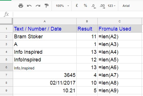 Examples of LEN function in Google Sheets